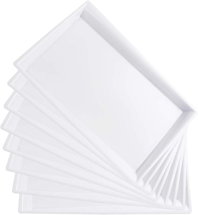 8 Pack White Plastic Serving Tray, 15" x 10" Rectangle Food Trays, Disposable Serving Platter for Parties, Internal Inclined Design Perfect for Weddings and Party
