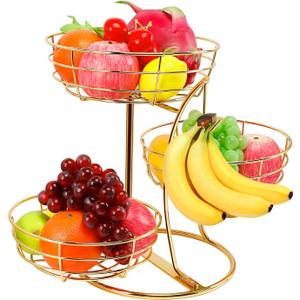 Livabber Fruit Basket Bowl with Banana Hanger, Fruit Vegetable Storage Basket with Banana Tree Holder for Kitchen Counter, Detachable Organizer for Bread Snack Produce (Gold, 3-Tier Metal Base)
