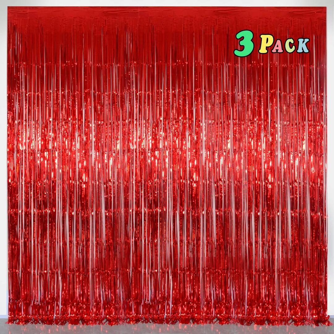 Red Party Streamers Decorations 3 Pack 3.2 x 8.2 ft Shiny Fringe Curtain for Birthday Party Decor, Red Streamers Backdrop, Valentines Day Decorations (Pure Red)