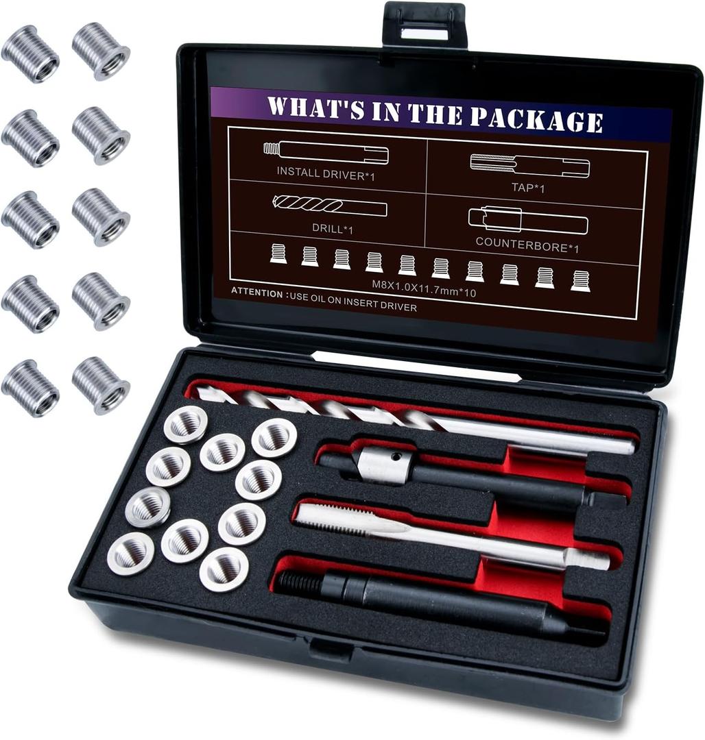 M8X1.0 Thread Repair Kit with Insert HSS Drill, Tap, Counterbore, Installation Driver, Metric, 10PCS Stainless Steel Insert M8X1.0X11.7MM