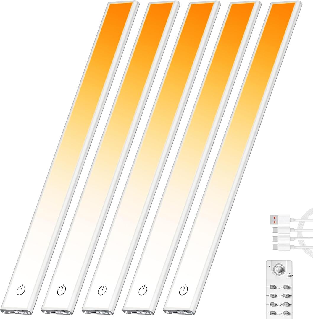 204 LED Under Cabinet Lights Wireless with Full Lighting,Rechargeable Closet Lights with Remote and Motion Sensor Indoor,Under Counter Light with CCT and Dimmable for Kitchen,Stair(5 Pack,23.6inch), 60cm-5 Pack