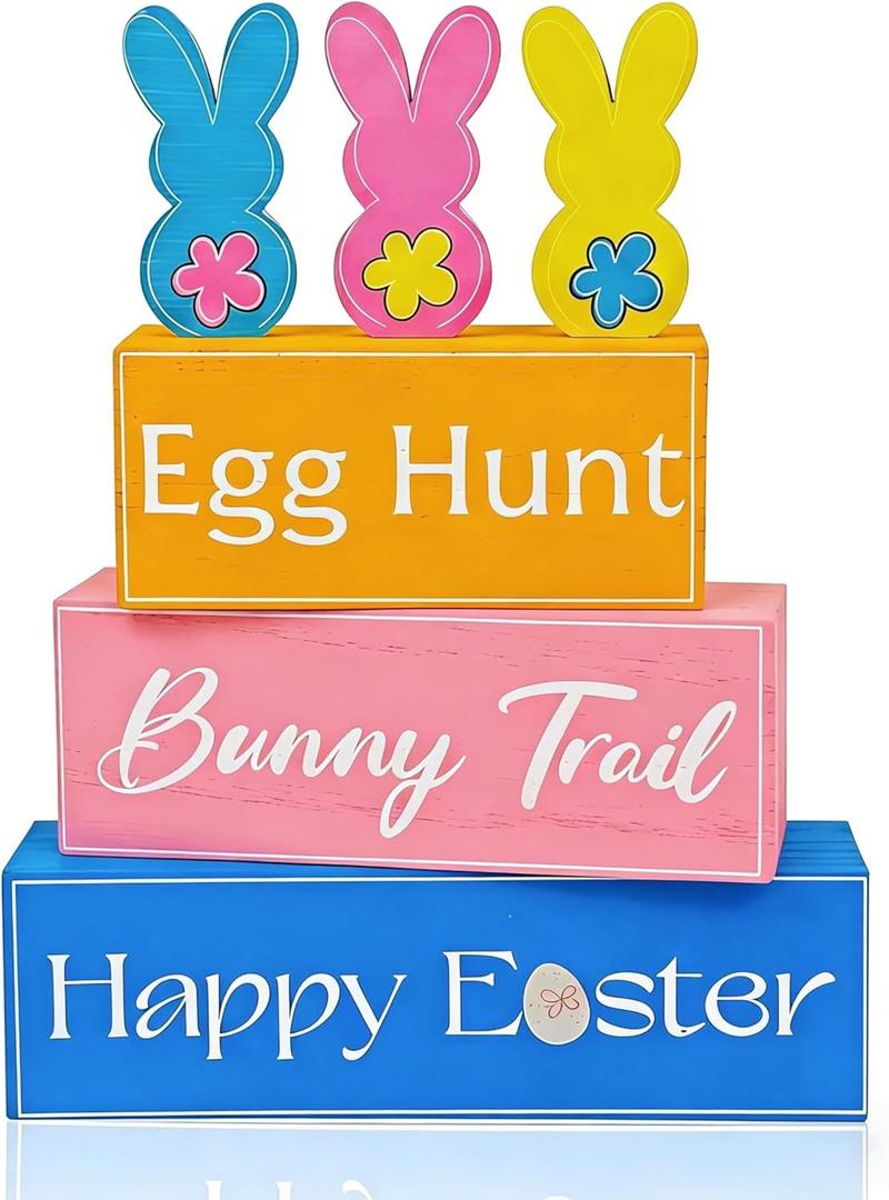 6 Pcs Easter Table Centerpiece Decor, Wooden Easter Bunny Tabletop Decoration, Tiered Tray Decor for Farmhouse, Office, Party, Kitchen, Double-Sided Easte Block Signs, Pastel Peeps Decor for Home (Easter3-egg-hunt)