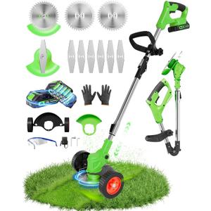 Electric Weed Wacker, Foldable Cordless Weed Eater Battery Powered, 3-in-1 Stringless Lightweight Brush Cutter Grass Trimmer Lawn Tool with Adjustable Length for Garden and Yard (Green)