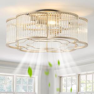 20" Gold Ceiling Fans with Lights Flush Mount, Gold Crystal Ceiling Fan with Light Remote Control, Mid-Century 6 Speeds for Bedroom, Living Room, Nursery