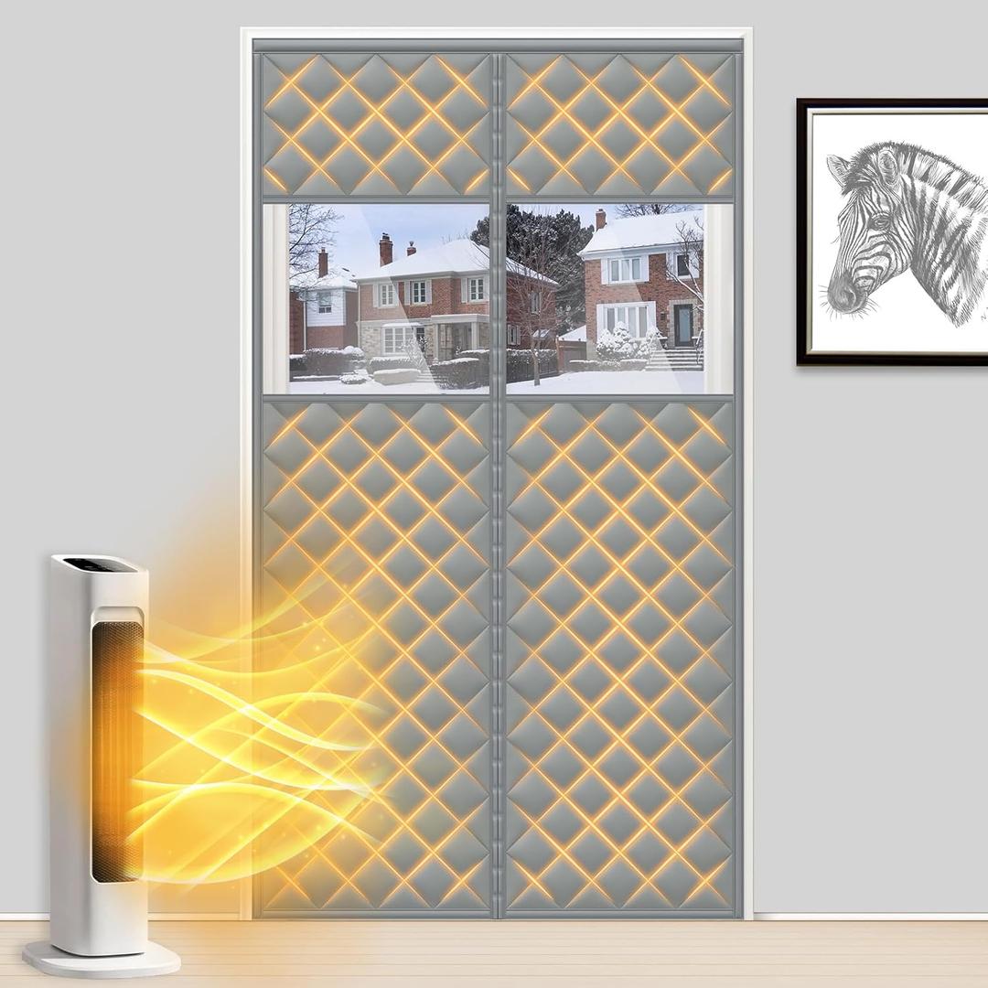 MAGZO Sliding Glass Door Insulation Curtain for Winter with Perspective Window, 72'' x 80'', Made of Oxford&Cotton, Patio Door Insulation Kit Cover Blanket for French Attic Doors, Strong Magnets, Grey (Gray)
