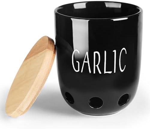 HAOTOP Ceramic Garlic Keeper for Counter, Garlic Saver Container with Wood Lid, Garlic Keeper for Kitchen, Garlic Holder to Keep Your Garlic Cloves Fresh Longer (Black)