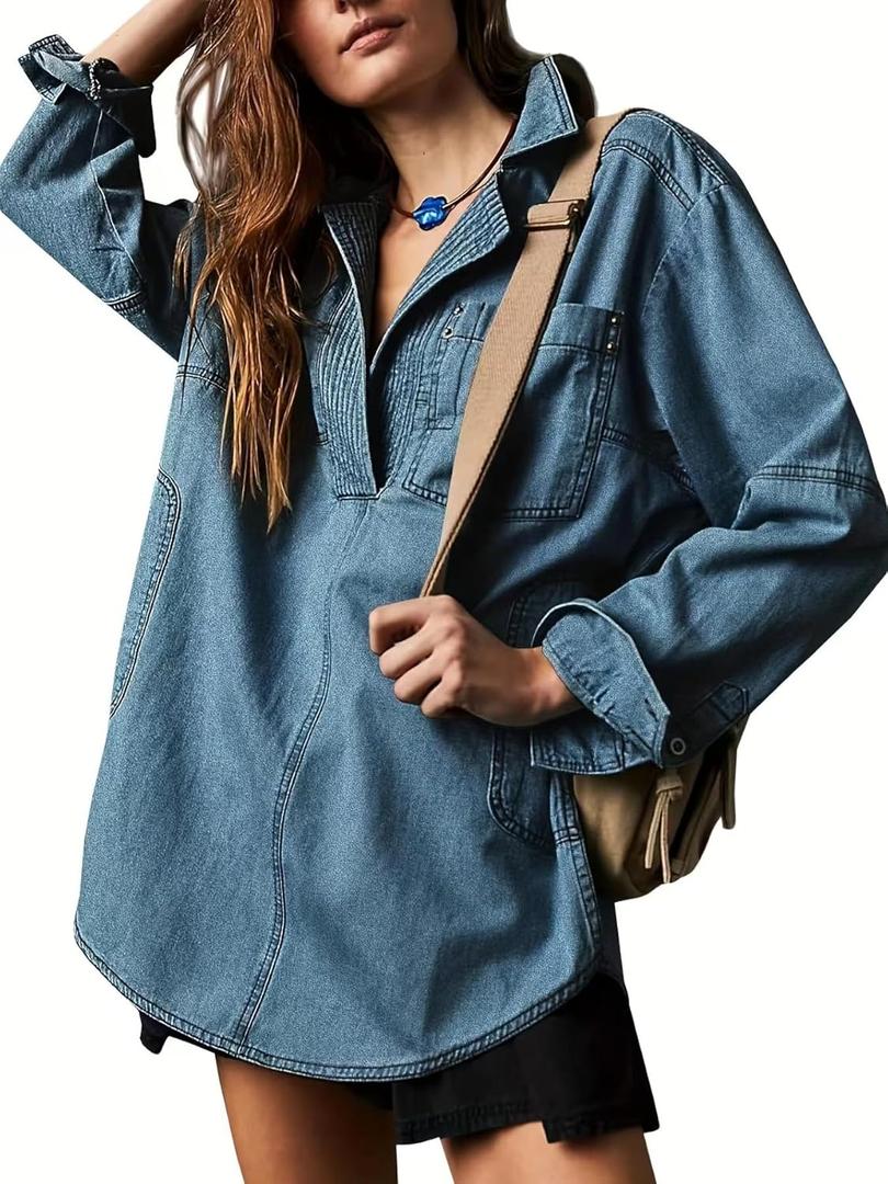 yoeasy Women's Denim Pullover Oversized V Neck Jean Shirt Loose Fit Long Sleeve Denim Jacket With Pocket (XX-Large, Dark Blue) yoeasy Women's Denim Pullover Oversized V Neck Jean Shirt Loose Fit Long Sleeve Denim Jacket With Pocket (XX-Large, Dark Blue)