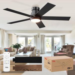 TCL 52" Ceiling Fan with Lights, Black Flush Mount Ceiling Fans with Remote Control, 6 Speeds DC Reversible, Dimmable, Noiseless, Low Profile Ceiling Fans for Bedroom