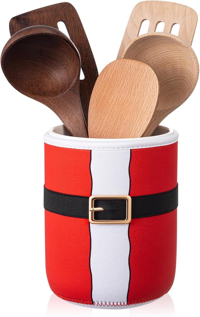 Christmas Utensil Holder with Sleeve Santa Ceramic Utensil Crock Holiday Xmas Kitchen Decoration for Farmhouse Countertop Storage Organizer Christmas Holiday Indoor Home Storage Organizer Container