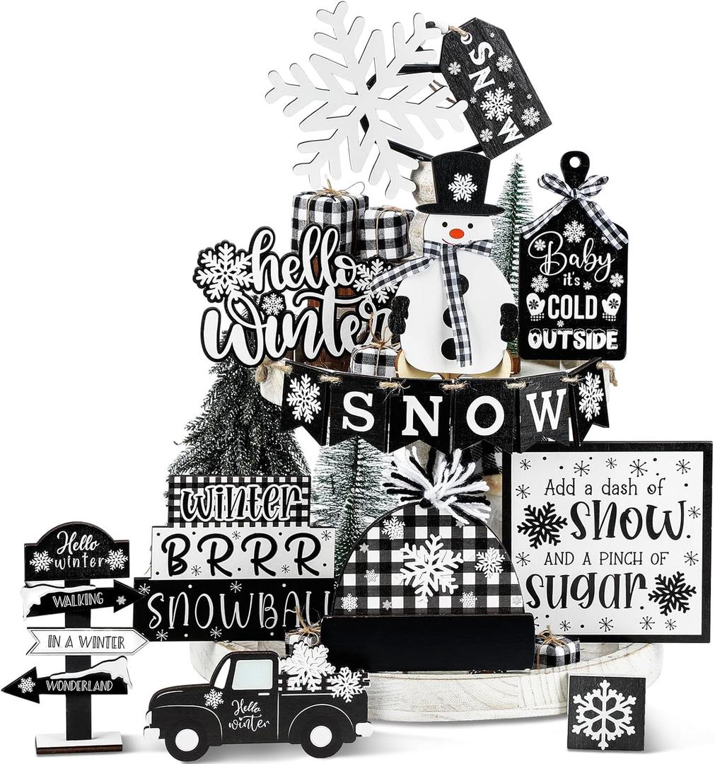 Dandat 18 Pcs Christmas Tiered Tray Decor Black White Buffalo Plaid Snowman Snowflake Wooden Signs Farmhouse Christmas Decor for Home Table Shelf