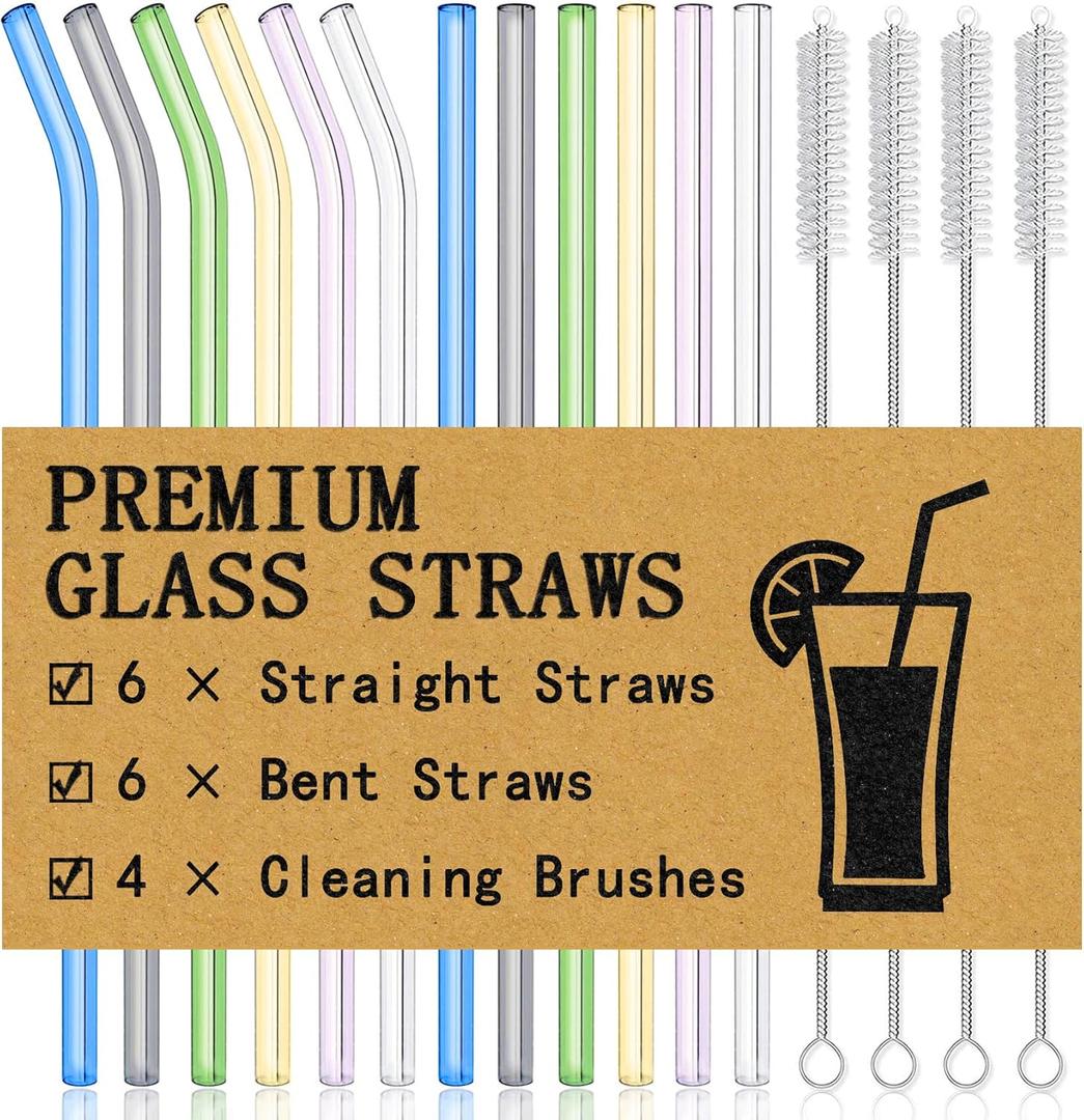 Piteno 16-Pack Reusable Glass Drinking Straws, 8.5''x10MM, Set of 6 Straight and 6 Bent with 4 Cleaning Brushes, Perfect for Smoothies, Milkshakes, Juice, Tea (Rainbow) Piteno 16-Pack Reusable Glass Drinking Straws, 8.5''x10MM, Set of 6 Straight and 6 Bent with 4 Cleaning Brushes, Perfect for Smoothies, Milkshakes, Juice, Tea (Rainbow)