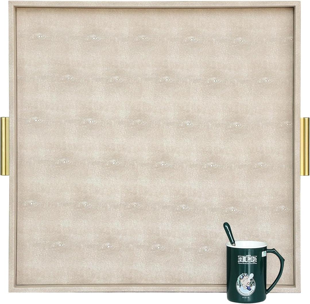 HofferRuffer Extra Large Square Serving Tray, Elegant Faux Leather Ottoman Tray with Gold Hardware Handles, Serve Tea, Coffee or Breakfast in Bed, 24 x 24 inches (Light Grey, 24" x 24" x 2")