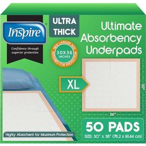 Inspire Extra Large Super Absorbent Disposable Bed Pads for Chronic Incontinence Ultra Thick and Absorbent Bed Pads Disposable Adult | Pee Pads for Adults (30" X 36" Pack of 50)
