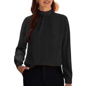 Funlingo Women's Long Sleeve Tops Dressy Casual Mock Neck Work Blouse Fall Trendy Front Pleated Tunic Chiffon Shirts L