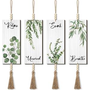 Qunclay 4 Pieces Boho Wall Decor for Bathroom 12 x 5 Inch Relax Soak Unwind Breathe Bathroom Sign with Beads Leaf Print Minimalist Botanical Wall Art Farmhouse Wooden Hanging Art(Green,Plant)