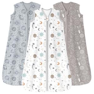 Baby Sleep Sack 6-12 Months 3 Pack 100% Cotton Lightweight 0.5 TOG Wearable Blanket Baby Sleep Bag with 2-Way Zipper for Newborn Infant White Gray Blue Space (Medium)