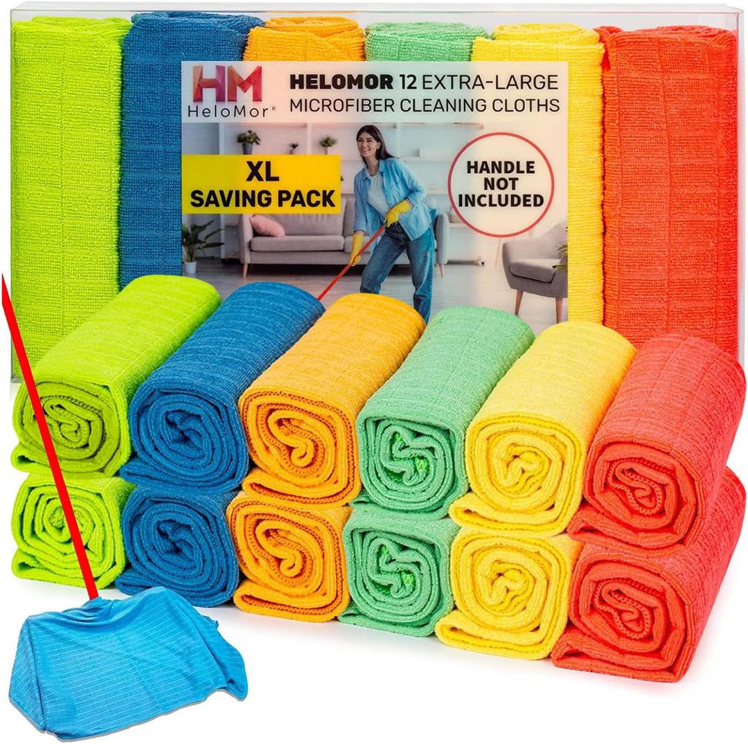 HELOMOR 12 Extra Large Microfiber Cleaning Cloths, 30"x18" Floor Towels for Squeegee Mop, Reusable Multi-Purpose Cleaning Rags for House, Kitchen, Car & Windows, Highly Absorbent, Lint-Free (Assorted)
