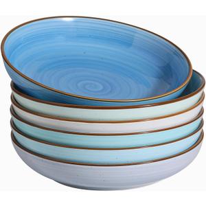 Y YHY 8.5'' Pasta Bowls Set of 6, 30 oz Ceramic Shallow Salad Bowls, Large Serving Soup Bowls Pasta Plates, Microwave & Dishwasher Safe Dinnerware Valentine's Day Gift, Gradient Blue
