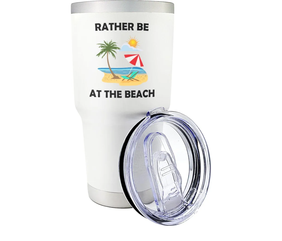 Palm City Products Premium 30 oz Rather Be at the Beach White Tumbler with Slider Lid - Perfect Summer Design - Ideal Gift and Souvenir for Beach Enthusiasts