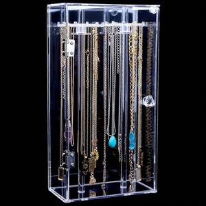 Acrylic Necklace Holder Stand,Clear Necklace Organizer with 24 Hooks,Dustproof Rotation Jewelry Storage Holder,Enclosed Long Necklaces Display Rack Pendant Bracelets Display Case Jewelry Display Box