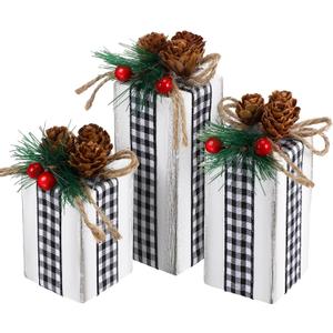 Glenmal 3 Pcs Christmas Table Centerpieces Xmas Wood Gift Boxes Decor Rustic Faux Present Blocks with Bow Ribbon for Holiday Tree Tiered Tray Decoration(Black White,Buffalo Plaid Style)