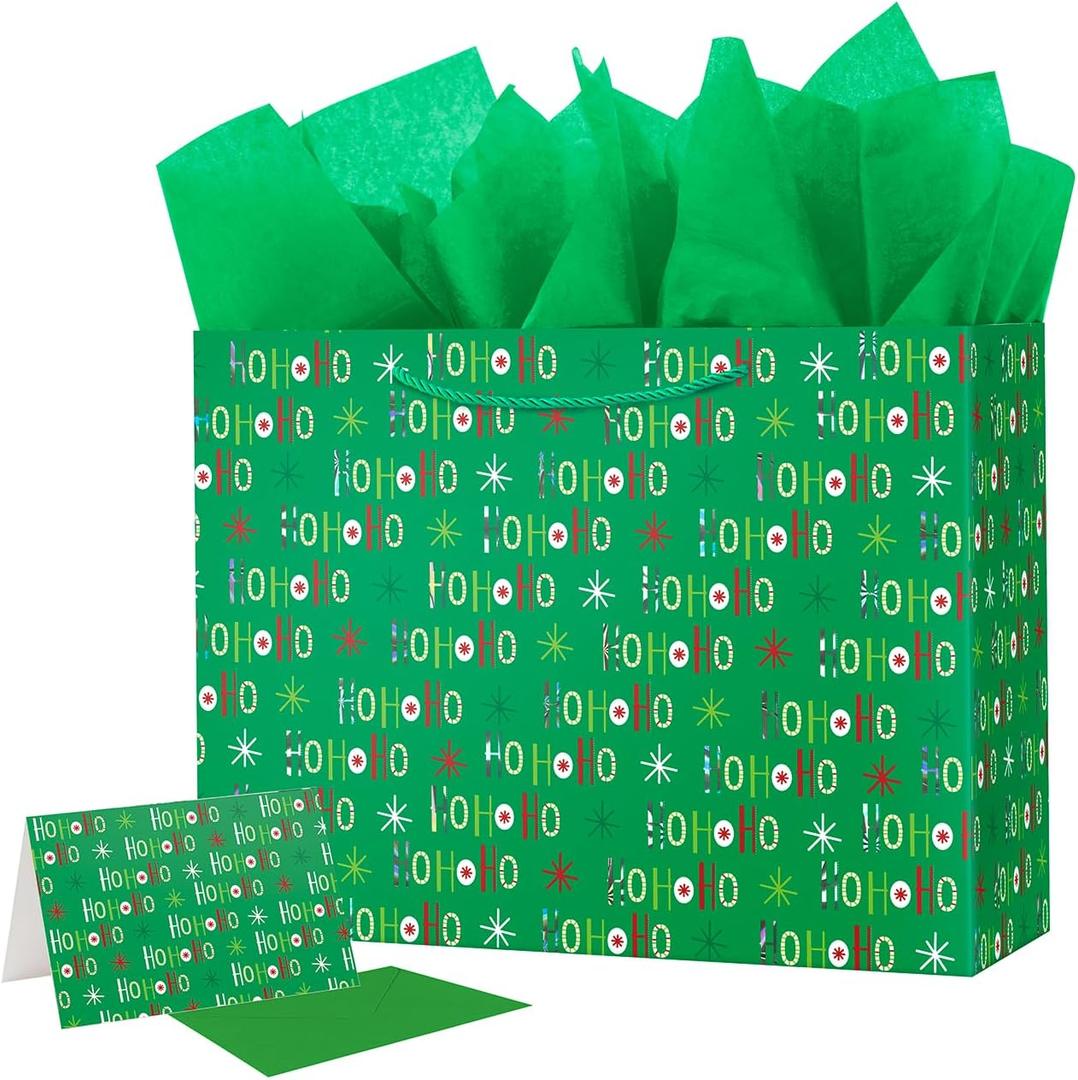 Ranfashiong 16" Extra Large Christmas Gift Bag with Tissue Paper Xmas Holiday Presents (Green)