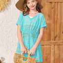 BesserBay Summer Swim Cover Up Crochet V Neck Short Sleeve Beach Swimwear Kids Hollow Out Swimsuit Blue Size 9-10 Years