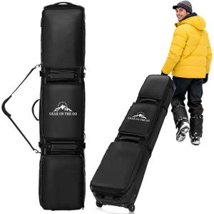Rolling Ski Bag for Air Travel, Snowboard Bag with Wheels, 900D Extendable 155-185CM Wheeled Ski Bag All-Round Padded Protection, for Snowboard, Double Skis, Boots, Helmet (Black)