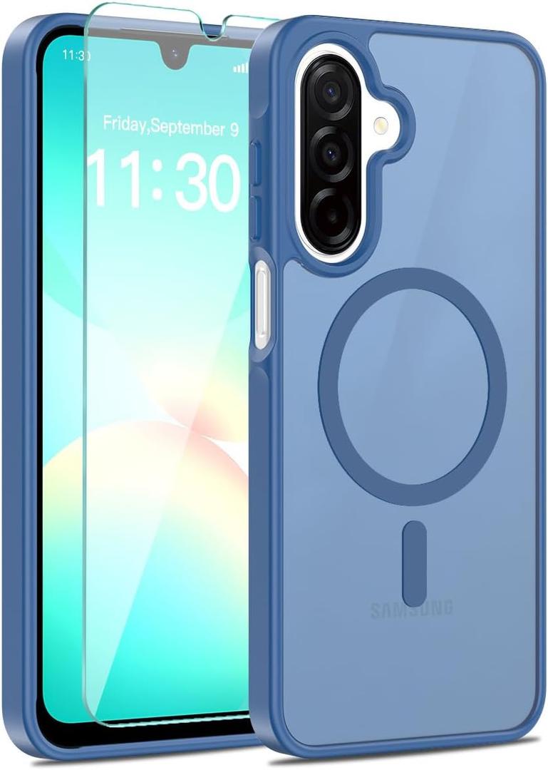 Magnetic for Samsung Galaxy A16 5G Case, with [Tempered Glass Screen Protector][Compatible with MagSafe][Military Grade Shockproof] Slim Translucent Matte Phone Case for A16 5G-Blue