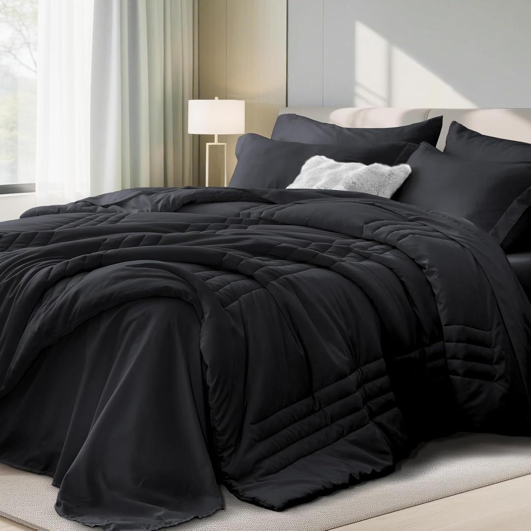 Queen Comforter Set Black - Bed in a Bag Queen Size 7 Pieces, Soft Bedding Set for All Seasons, Premium Queen Comforter Set with Comforter, Sheets, Pillowcases & Shams