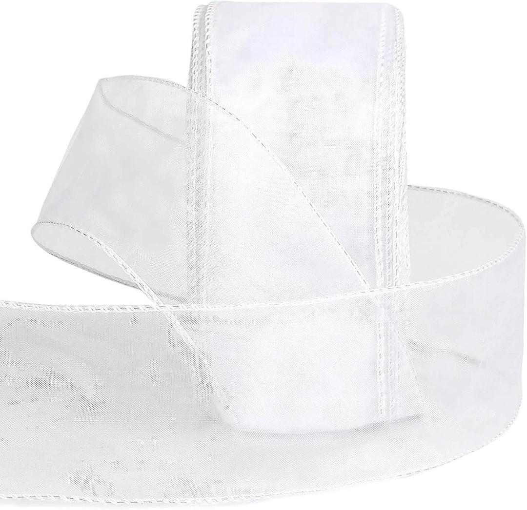 DERAYEE White Organza Wired Ribbon, 2-1/2 Inch x 50 Yards Metallic Edge Christmas Decorative Sheer Ribbon for Xmas Wreaths, Christmas Tree Decoration, Gift Wrapping