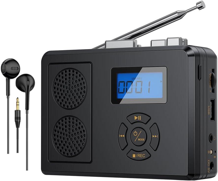 Portable Cassette Tape Player, FM Radio/USB Player/MP3 Digital Converter, Built-in Dual Stereo Speaker & Rechargeable Battery, LCD Display with Headphone Jack