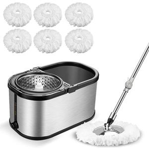 Spin Mop Bucket System Stainless Steel Bucket and Mop Set with 6 Microfiber Replacement Head Refills, Floor Mop with 4 Wheel