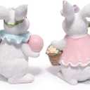 Hodao Easter Bunny Figurines Set, Spring Rabbit Decor with Easter Eggs Basket, Floral Wreath Bunny Statues, Tabletop Home Decoration for Living Room, Entryway
