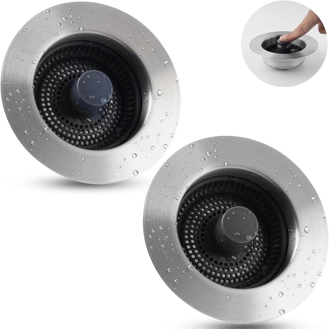 iFealClear 2 Pack 3-in-1 Stainless Steel Kitchen Sink Drain Strainer Stopper, Pop Up Sink Stopper, Kitchen Sink Strainer Basket for Standard 3-1/2 Inch Drain, Anti-Clogging, Detachable, Chrome (Brushed Nickel)
