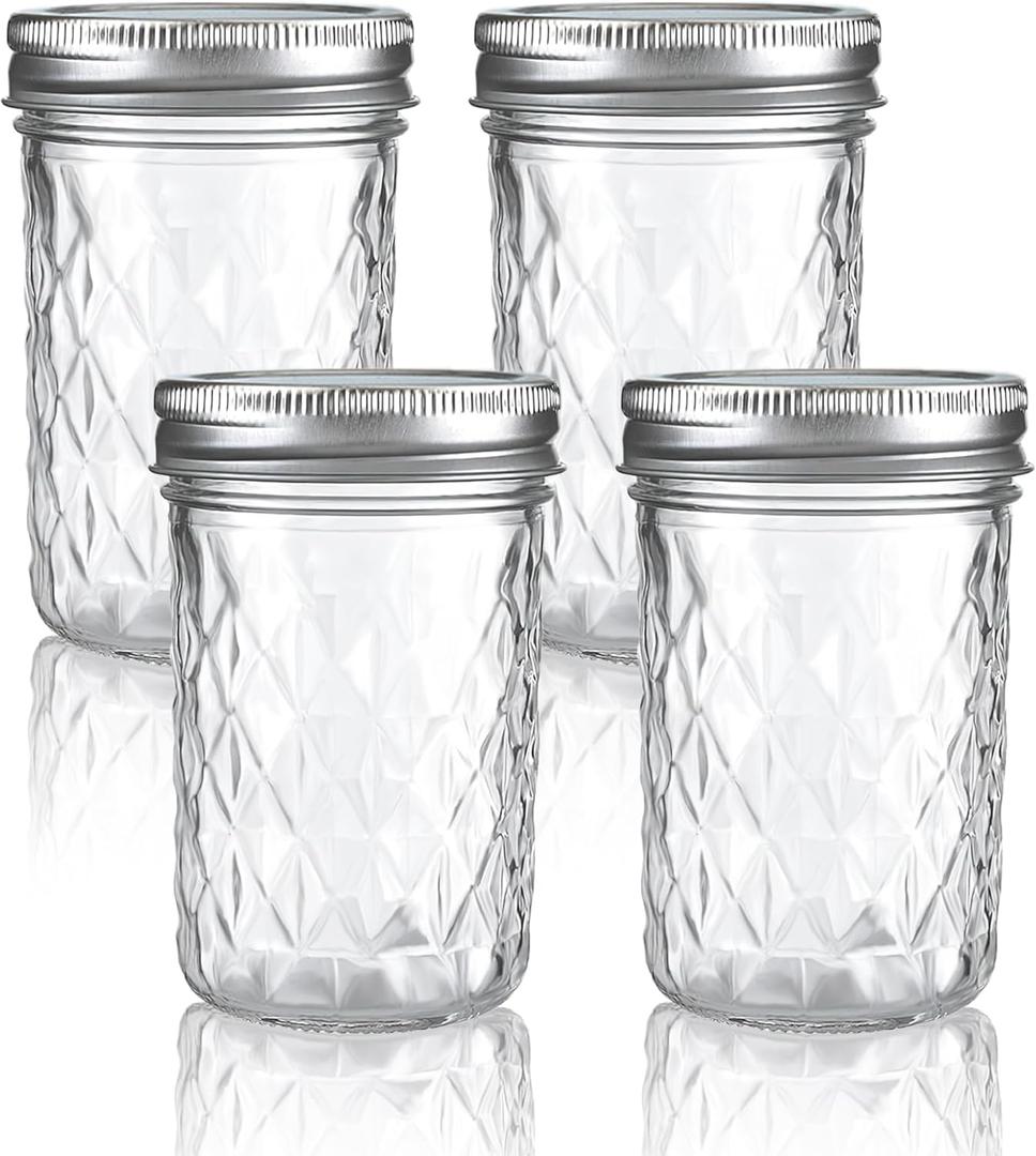 12 oz/350 ml Clear Glass Storage Canister with Airtight Lid, 4 Pack Cute Decorative Mason Container Jar for Salad, Overnight Oats, Snacks, Yogurt, Cereal, Fruit, Spice, Sugar, Coffee