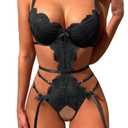 SOLY HUX Lingerie for Women Lace Cutout Scalloped Trim Bodysuit Teddy Lingerie Babydoll Pure Black S