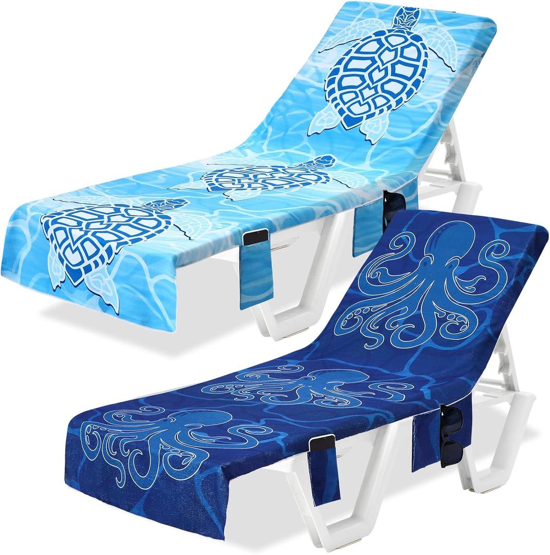 2 Pcs Pool Lounge Chair Towel Cover with 3 Pockets, 85 x 30 Inch Beach Pool Chair Towels Microfiber Chaise Lounge Covers for Outdoor Summer Sunbathing Beach Garden Lounger(Turtle, Octopus)