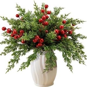 Watayo 45 Pcs Christmas Artificial Pine Branches with Red Berry Stems, 10.5" Faux Evergreen Norfolk Pine Cypress Leaves Stems, Fake Foliage Pine Needles Picks for DIY Craft Garland Home Decor
