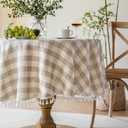 JIALE Gingham Round Tablecloth 60" Cotton Linen Fabric Table Cloth with Tassel Washable Wrinkle Free Buffalo Plaid Table Cover for Birthday Party Picnic Outdoor Kitchen Dining, Beige