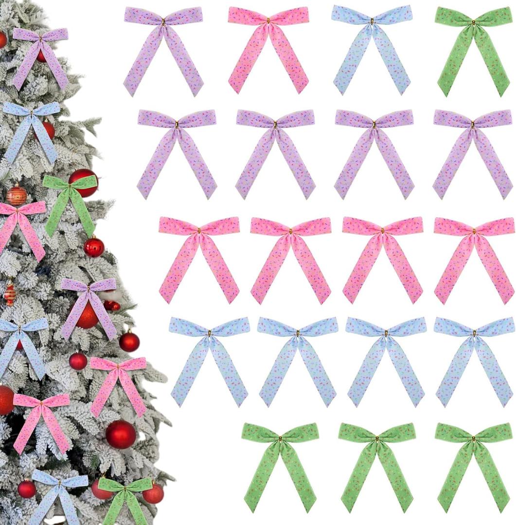 24 Pcs Candy Christmas Bows for Christmas Tree 6 Inch Candy Velvet Ribbon Bows for Wreath Xmas Gift Wrapping Garland Wedding Holiday Party Crafts Decoration(Pink, Blue, Purple, Green)