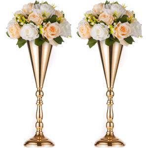 2 Pcs Tabletop Metal Wedding Flower Trumpet Vase, 16.5 inch Tall Table Decorative Centerpiece, Artificial Flower Arrangements for Anniversary Ceremony Party Birthday Event Aisle Home Decoration (Gold)