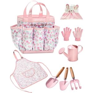 Kids Gardening Tool Set Toys - 8 Pieces Quality Garden Kit for Toddlers & Kids with Shovels, Rake, Watering Can, Hat, Apron, Gloves & Storage Bag (Pink Flower)