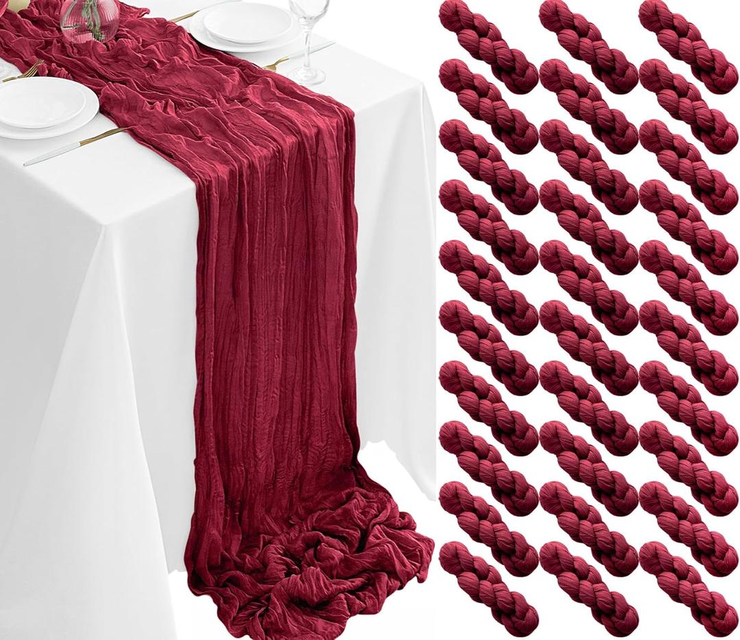 30Pack Burgundy Table Runners 10FT Cheesecloth Table Runner 35x120inch Cheese Cloth Table Runner Rustic Boho Gauze Table Runners for Party Wedding Birthday Dining Bridal Baby Shower Decor