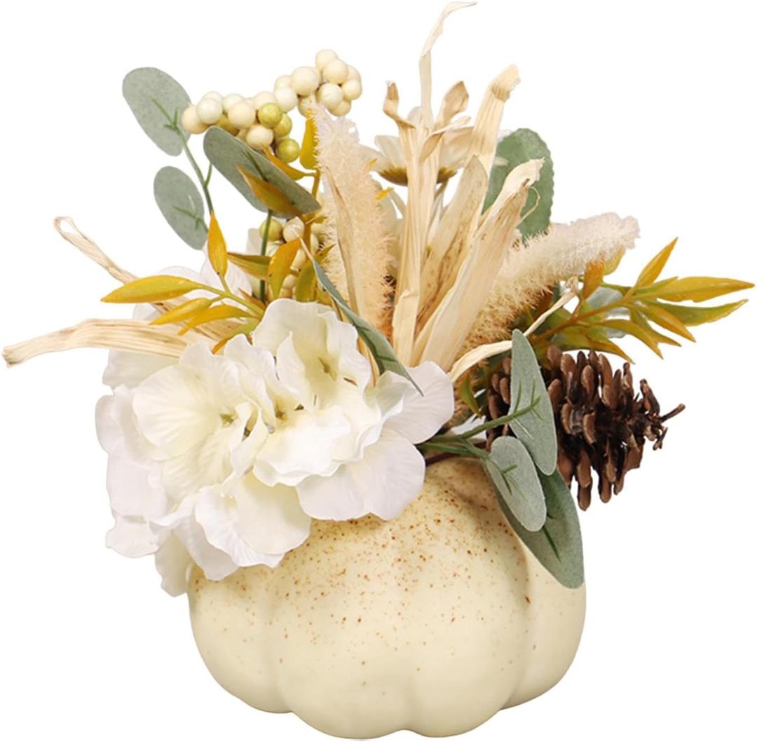 Artificial Pumpkin with Flowers Fake Pumpkins Model Fall Pumpkin Centerpiece for Porch, White 21cmx18cm