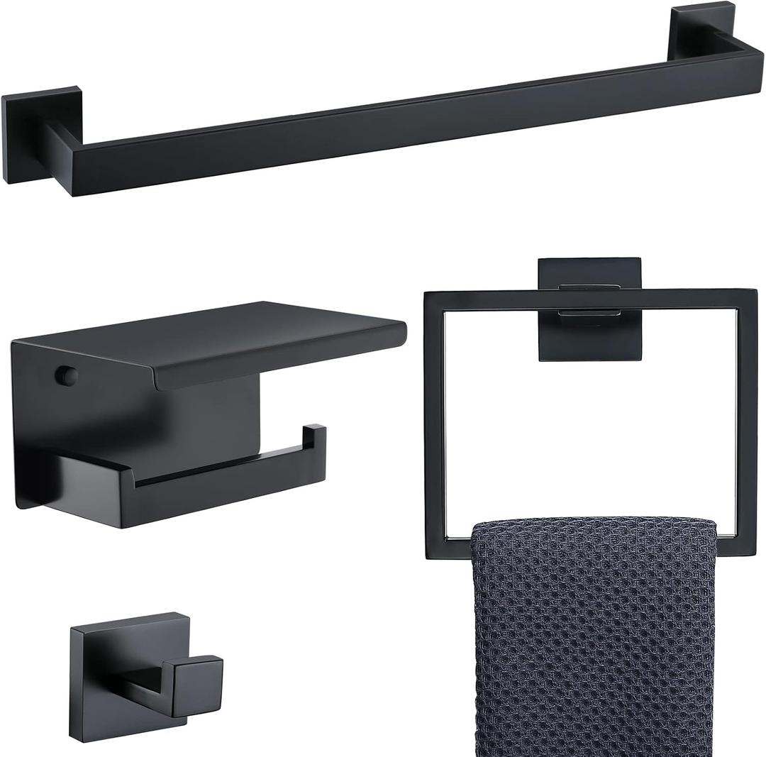 Bathroom Towel Bar Holder Sets Matte Black 4-Piece Bathroom Hardware Set Stainless Steel Bath Accessories Kit. Wall Mounted,23.6 Inch