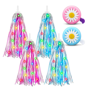 6 Pcs Kids Light up Bike Streamers and Bike Bell Set 4 Pack LED Handlebar Streamers and 2 Pack Flower Bicycle Bells Scooter Tassels Bicycle Bells for Boys Girls Children's Accessories