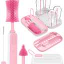 Electric Baby Bottle Brush Cleaner, Baby Travel Bottle Cleaner Kit- 2000mAh Rechargeable Silicone Brush, Drying Rack, Compact Storage Box, 360 Efficient Cleaning Bottle Brush for Home & On-The-Go (Pink)