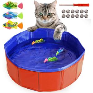 uniro Cat Pool Toy with Fishes - 3 LED Swimming Fish Toys for Cats Robo Swimming Fish with Flashing Lights- Foldable Cat Pool Proof Kitten Water Play Mat for Indoor Cats Fun Bath & Exercise FishToy