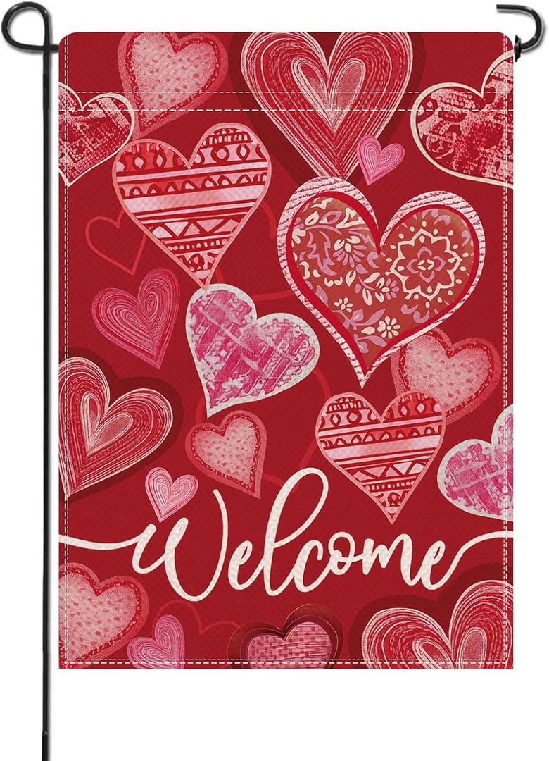 Artofy Welcome Valentines Day Small Decorative Garden Flag, Red Love Heart Yard Lawn Outside Decor, Anniversary Wedding Burlap Outdoor Home Decoration Double Sided 12 x 18